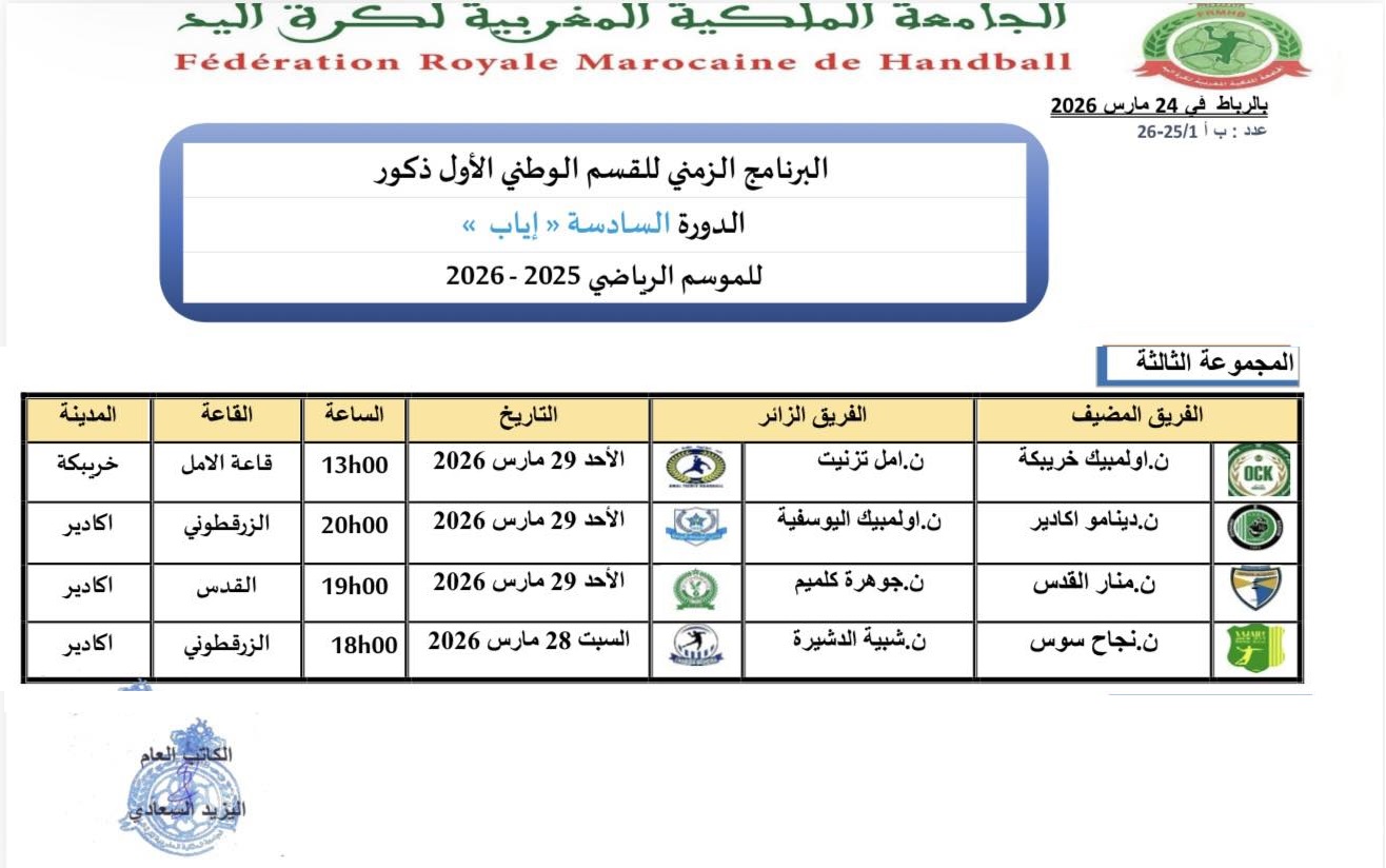 البرنامج الزمني الدورة السادسة (اياب) لبطولة القسم الوطني الاول ذكور للموسم الرياضي 2025-2026 -المجموعة الثانية-
